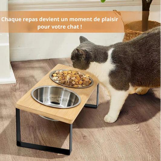 Bols Surélevés Inclinés 15° pour Chats – Double Gamelle Inox avec Support en Bois