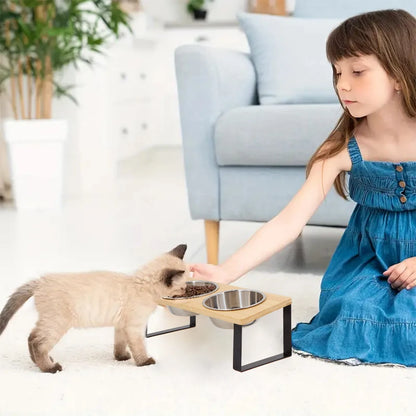 Bols Surélevés Inclinés 15° pour Chats – Double Gamelle Inox avec Support en Bois