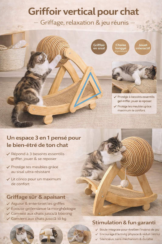 Griffoir vertical pour chat en sisal avec boule