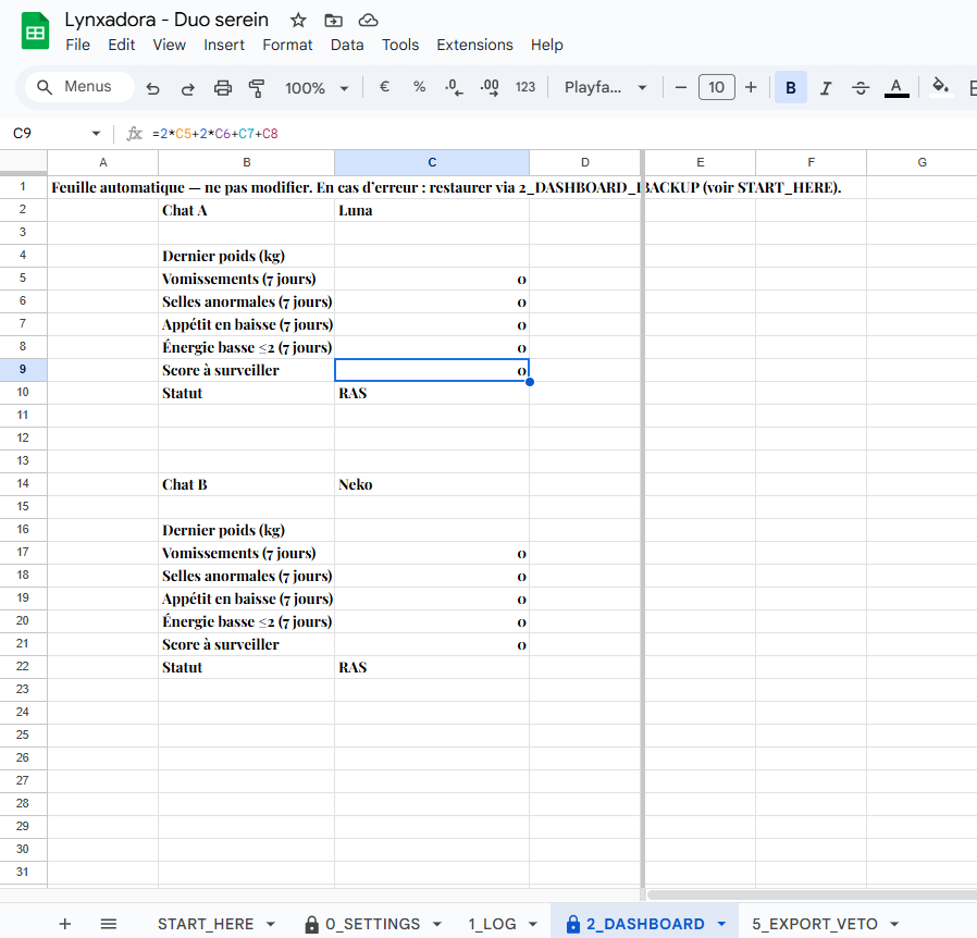 Duo Serein — Suivi Bien-Être Chat (Google Sheets)