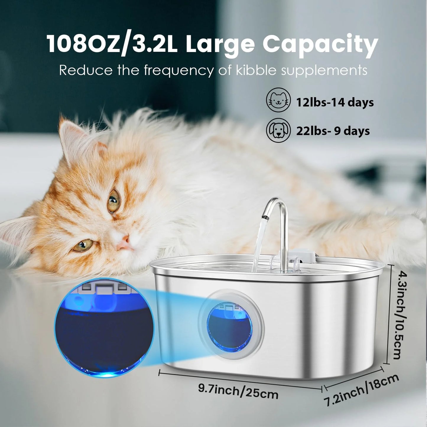 Fontaine à eau pour chats en acier inoxydable 3,2 L