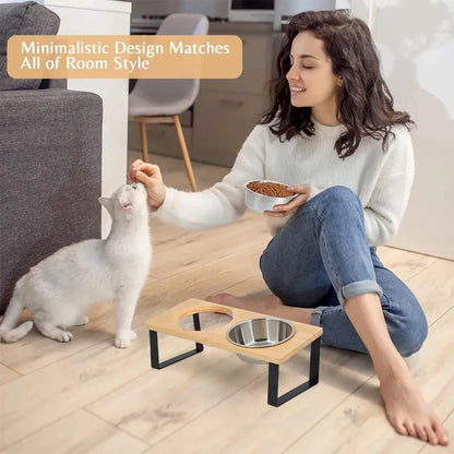 Bols Surélevés Inclinés 15° pour Chats – Double Gamelle Inox avec Support en Bois